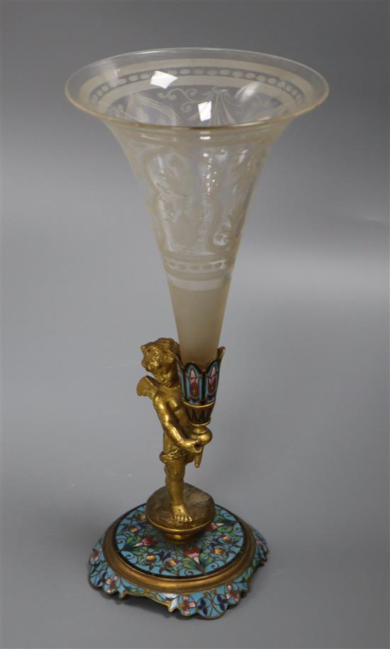 A 19th century French ormolu and champleve enamel epergne, with cherub support and etched glass trumpet, H 28cm